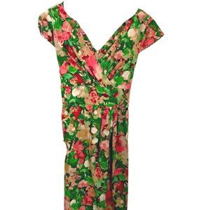 Talbots cap sleeve floral dress 8P print gathered in front zipper bow spring